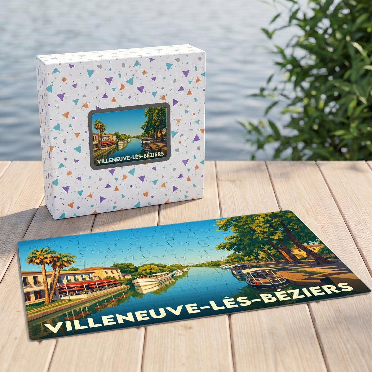 Puzzle souvenir de la ville de Villeneuve-lès-Béziers illustrant le Canal du Midi dans un style graphique rétro.
