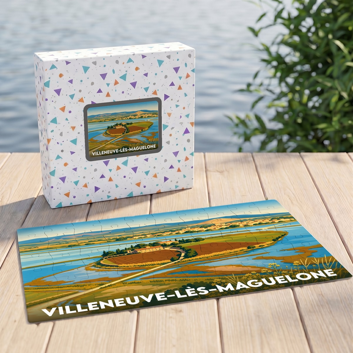 Puzzle souvenir de la ville de Villeneuve-lès-Maguelone avec une illustration stylisée de son paysage côtier.