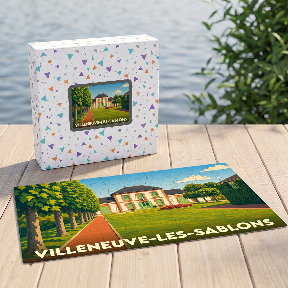 Puzzle souvenir de la ville de Villeneuve-les-Sablons avec une illustration stylisée de son patrimoine.