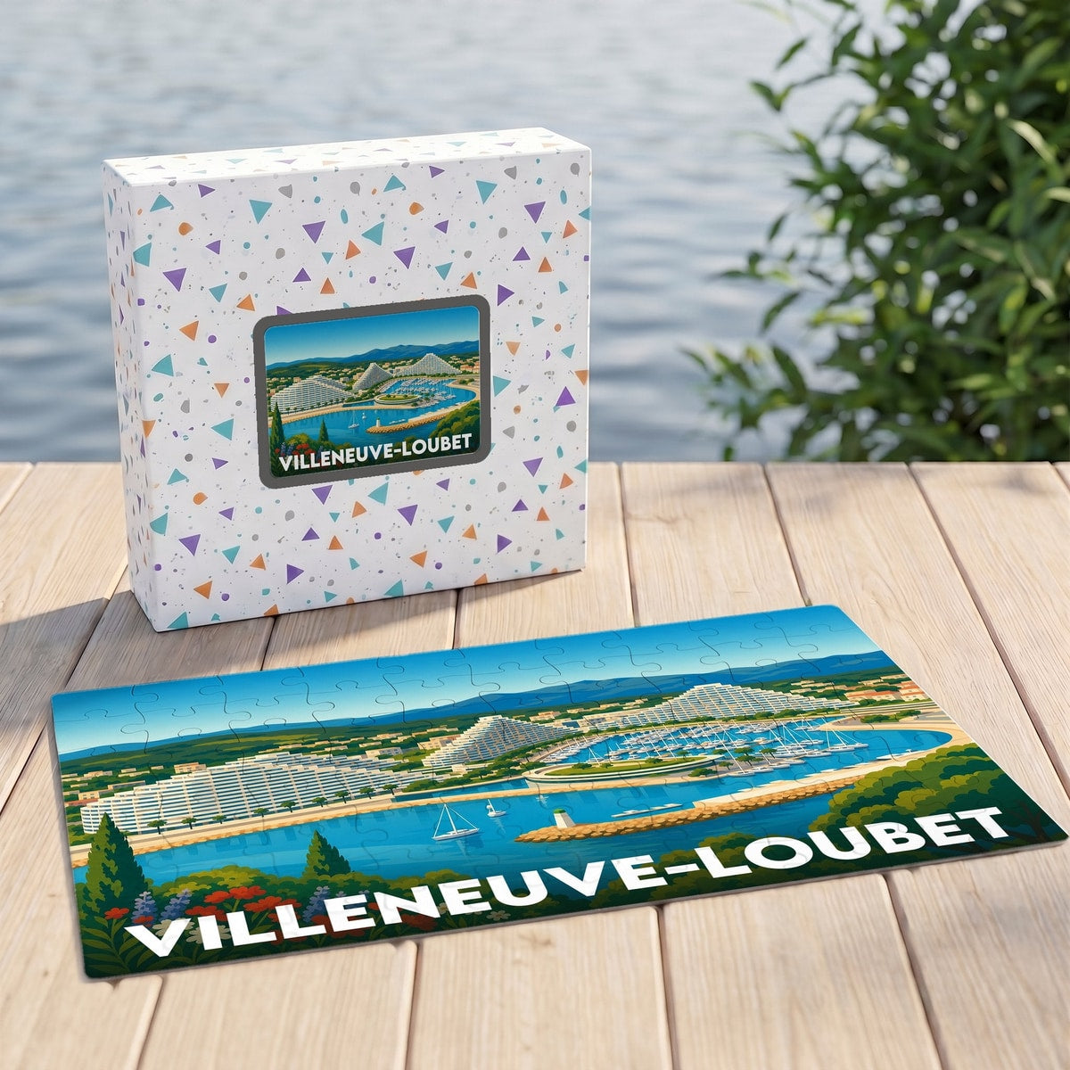 Puzzle souvenir de la ville de Villeneuve-Loubet avec une illustration stylisée de son port et de son architecture emblématique.