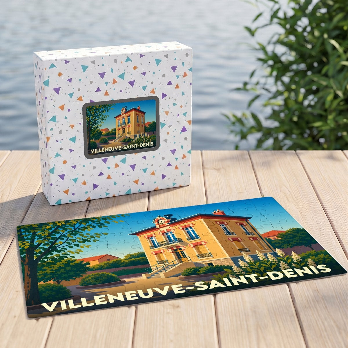 Puzzle souvenir de la ville de Villeneuve-Saint-Denis avec une illustration stylisée de sa mairie.