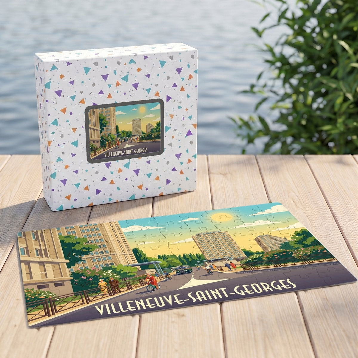 Puzzle souvenir de la ville de Villeneuve-Saint-Georges avec une illustration rétro de son paysage urbain.