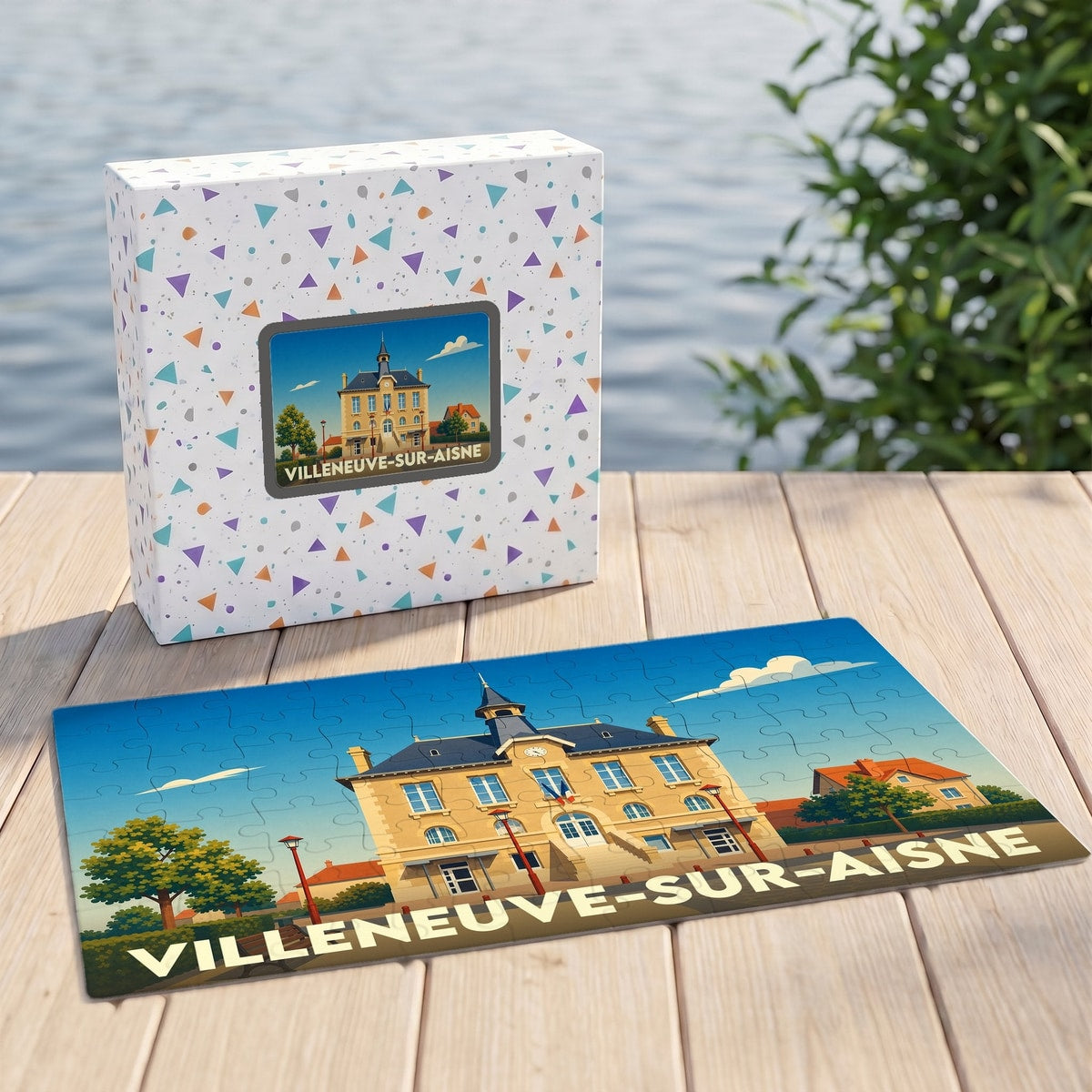 Puzzle souvenir de la commune de Villeneuve-sur-Aisne avec son illustration stylisée et sa boîte assortie.