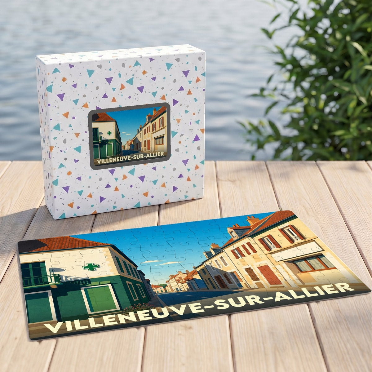 Puzzle souvenir de la ville de Villeneuve-sur-Allier avec une illustration stylisée et colorée de ses rues.