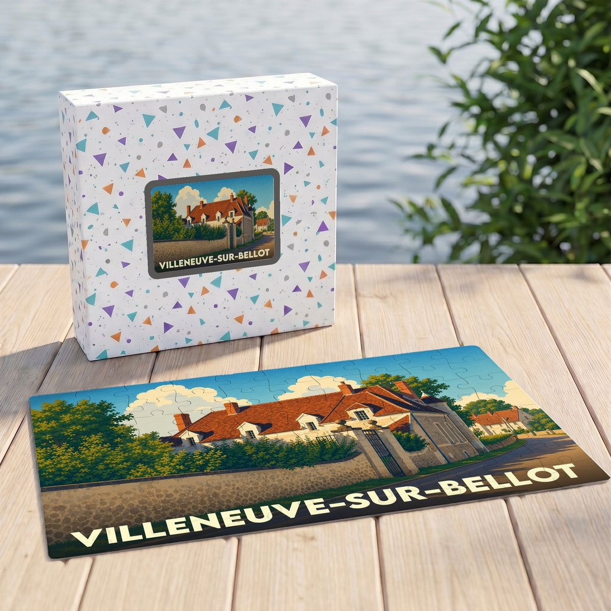 Puzzle souvenir de la ville de Villeneuve-sur-Bellot avec une illustration stylisée de ses maisons traditionnelles.