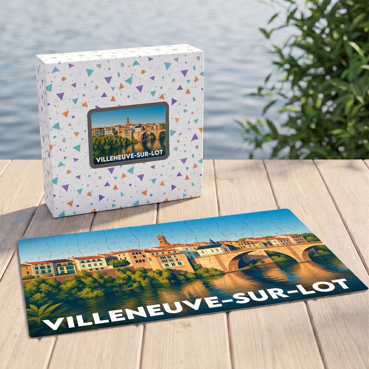 Puzzle souvenir de la ville de Villeneuve-sur-Lot avec une illustration stylisée de son pont et de ses quais.