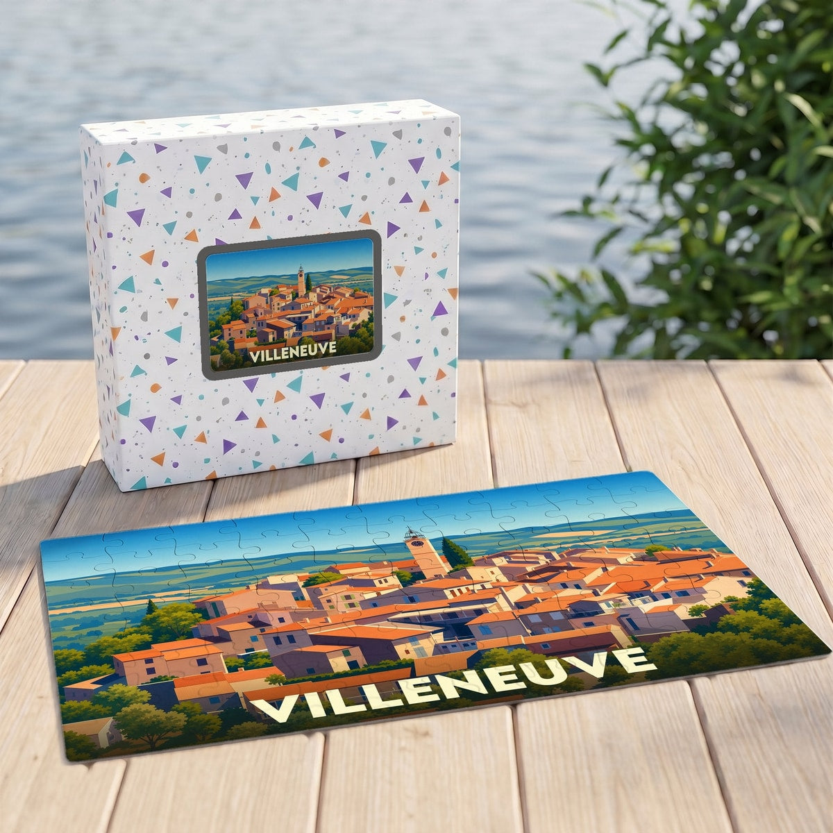 Puzzle souvenir de la ville de Villeneuve avec une illustration stylisée d'un village provençal.