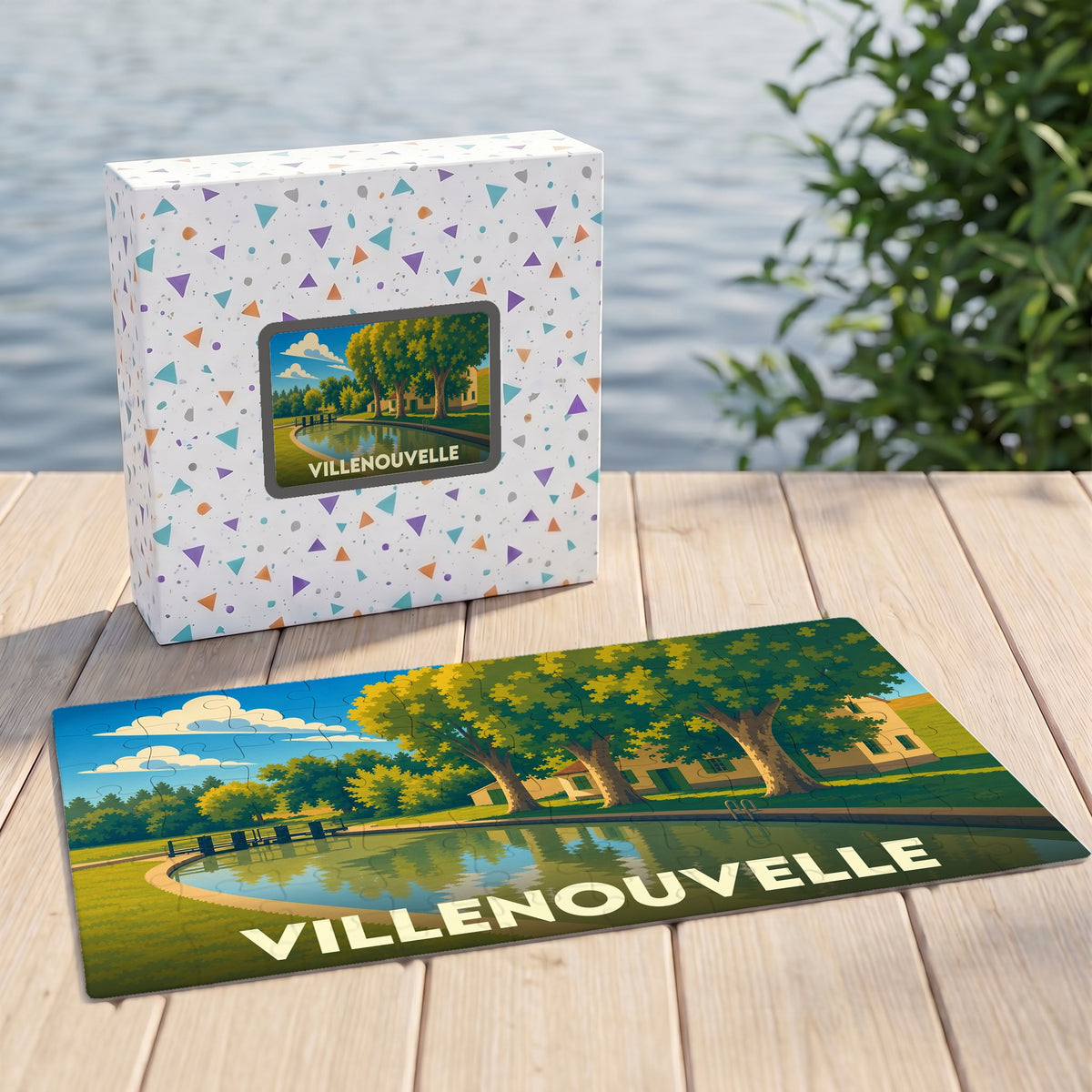 Puzzle souvenir de la ville de Villenouvelle avec une illustration stylisée d'un paysage arboré au bord de l'eau.