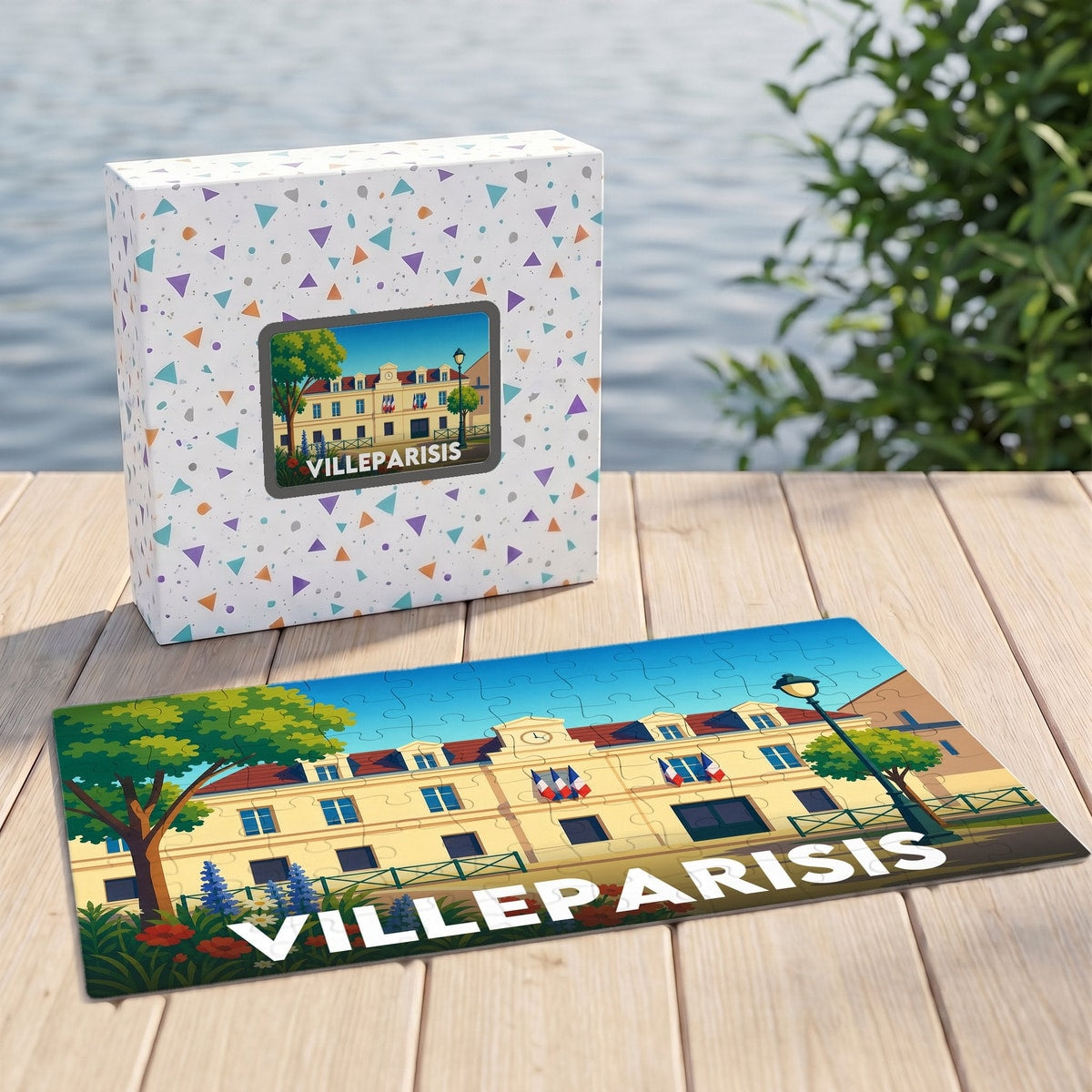 Puzzle souvenir de la ville de Villeparisis avec une illustration stylisée de l'hôtel de ville.