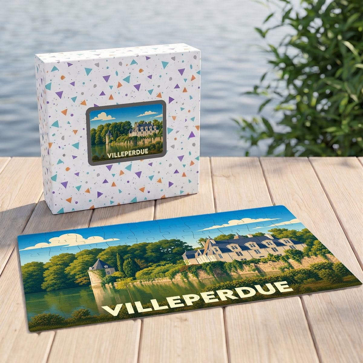 Puzzle souvenir de la ville de Villeperdue illustrant un château au bord de l'eau.