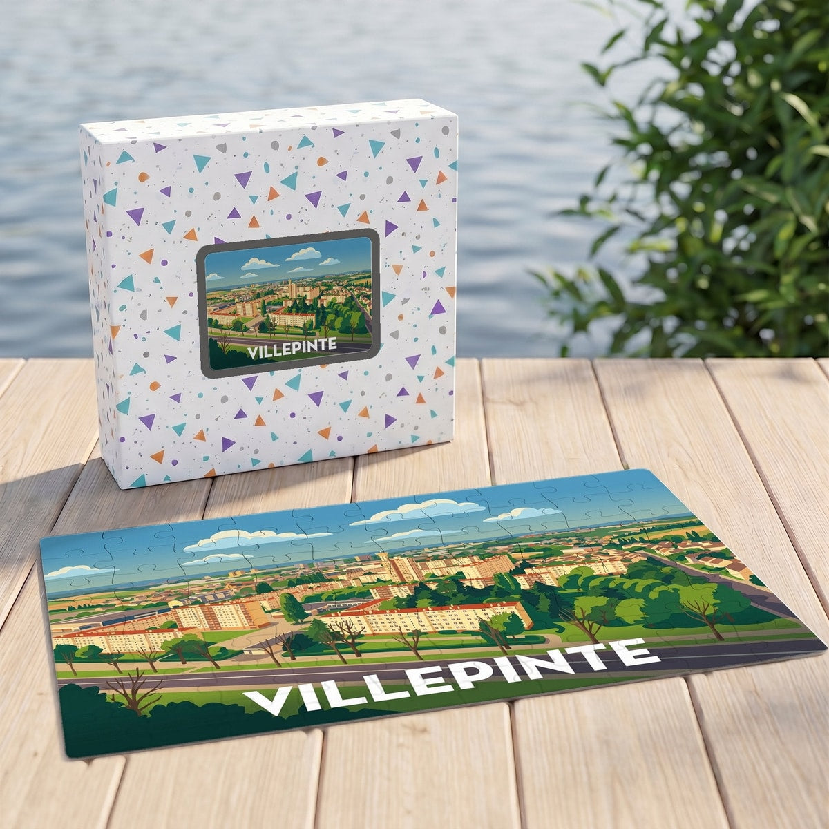 Puzzle souvenir de la ville de Villepinte avec une illustration panoramique stylisée.