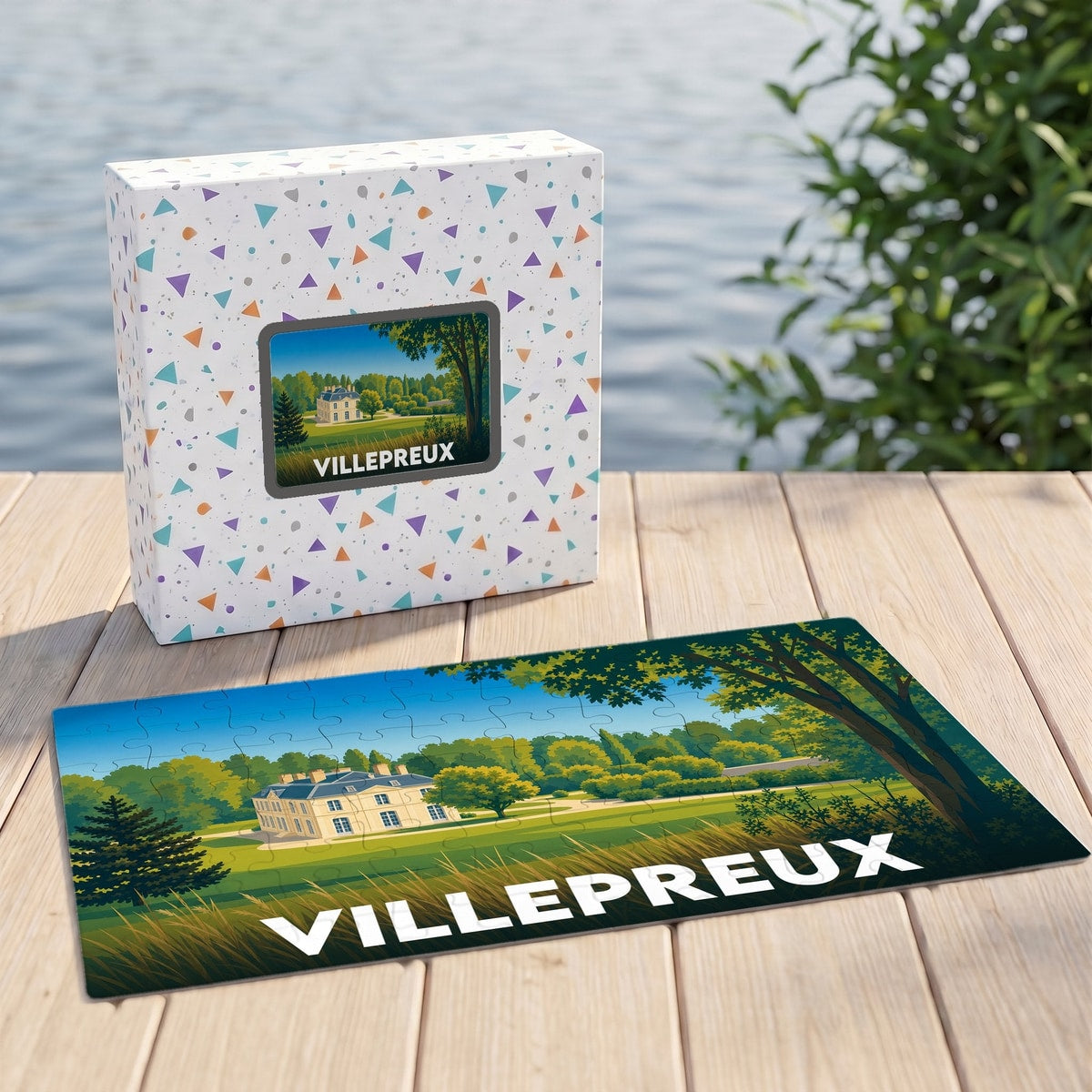 Puzzle souvenir de la ville de Villepreux avec une illustration stylisée.