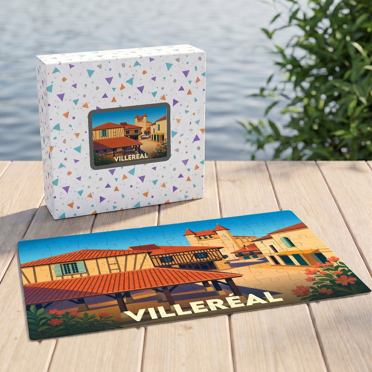 Puzzle souvenir de la ville de Villeréal avec une illustration stylisée et sa boîte assortie.