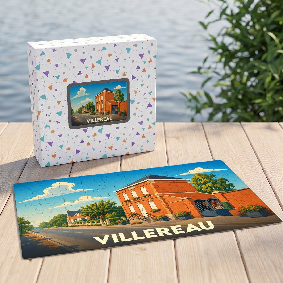 Puzzle souvenir de la ville de Villereau illustrant un bâtiment typique sous un ciel ensoleillé.