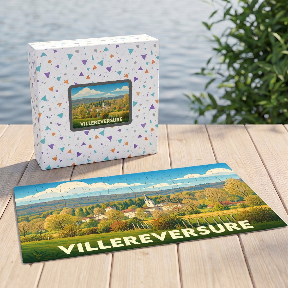 Puzzle souvenir de la ville de Villereversure avec une illustration de paysage rural et forestier.