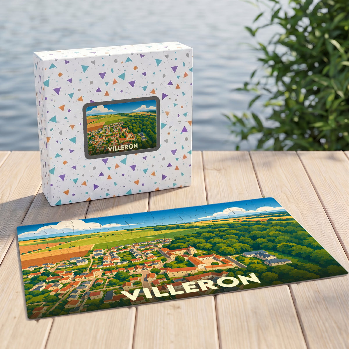 Puzzle souvenir de la ville de Villeron avec une illustration stylisée d'une vue aérienne.