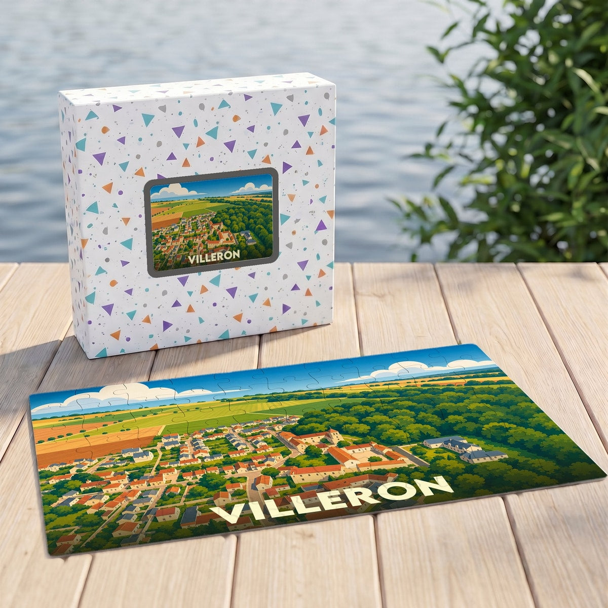 Puzzle souvenir de la ville de Villeron avec une illustration stylisée d'une vue aérienne.