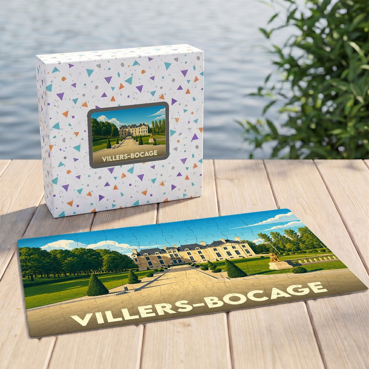 Puzzle souvenir de la ville de Villers-Bocage illustrant un château majestueux dans un style graphique épuré.