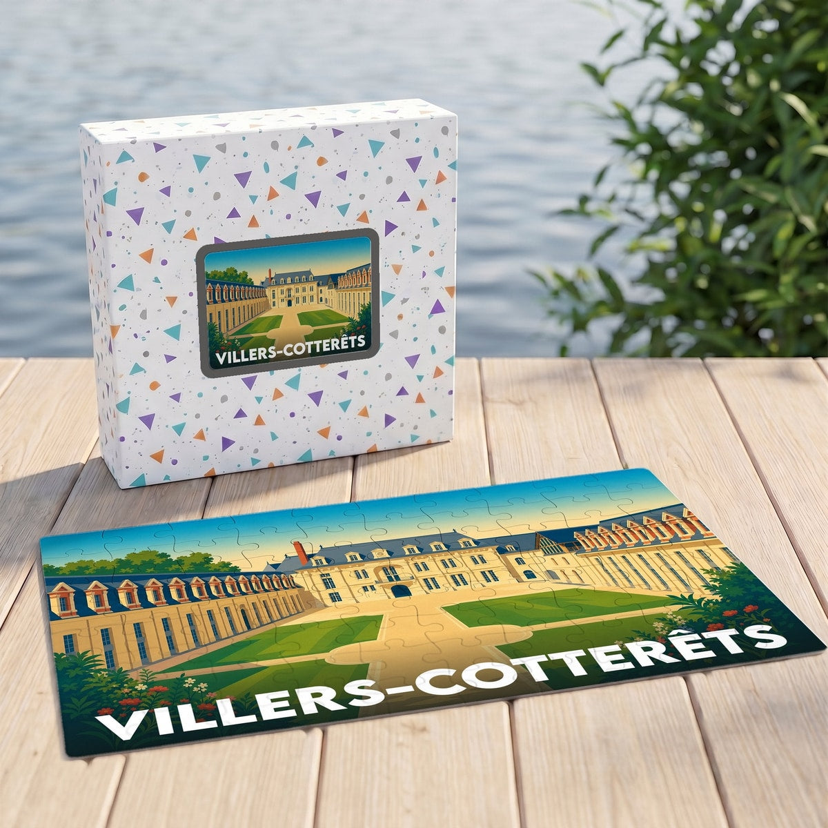 Puzzle souvenir de la ville de Villers-Cotterêts avec une illustration stylisée du château et de son parc.