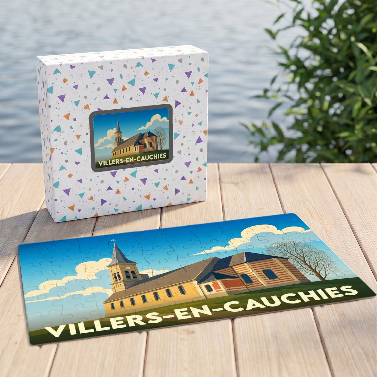 Puzzle souvenir de la ville de Villers-en-Cauchies avec une illustration stylisée de son église.