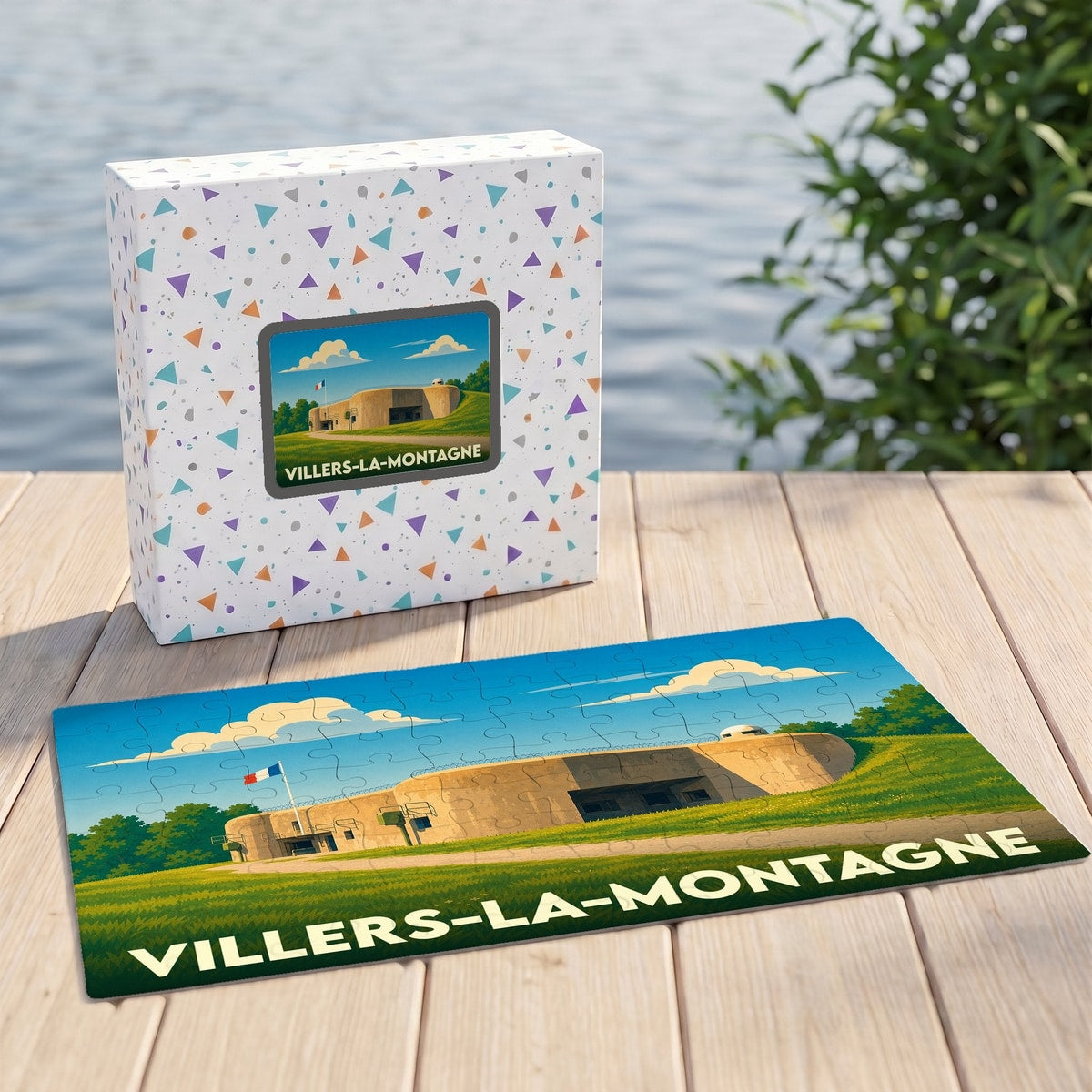 Puzzle souvenir de la ville de Villers-la-Montagne illustrant un ouvrage de la ligne Maginot sous un ciel bleu.