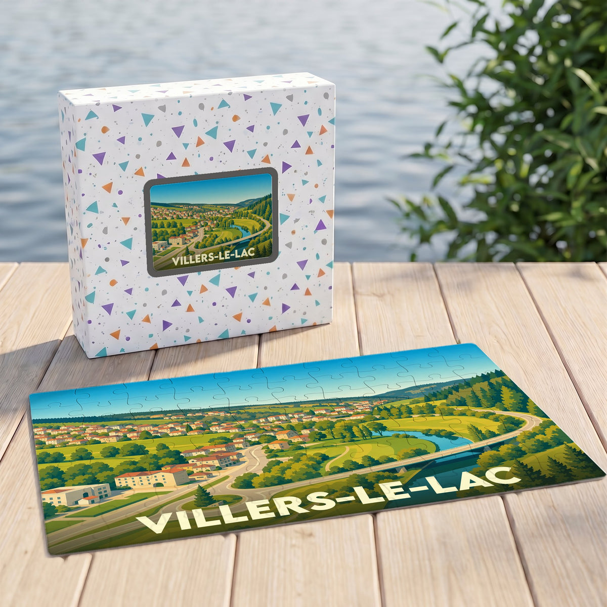 Puzzle souvenir de la ville de Villers-le-Lac avec une illustration paysagère colorée et stylisée.