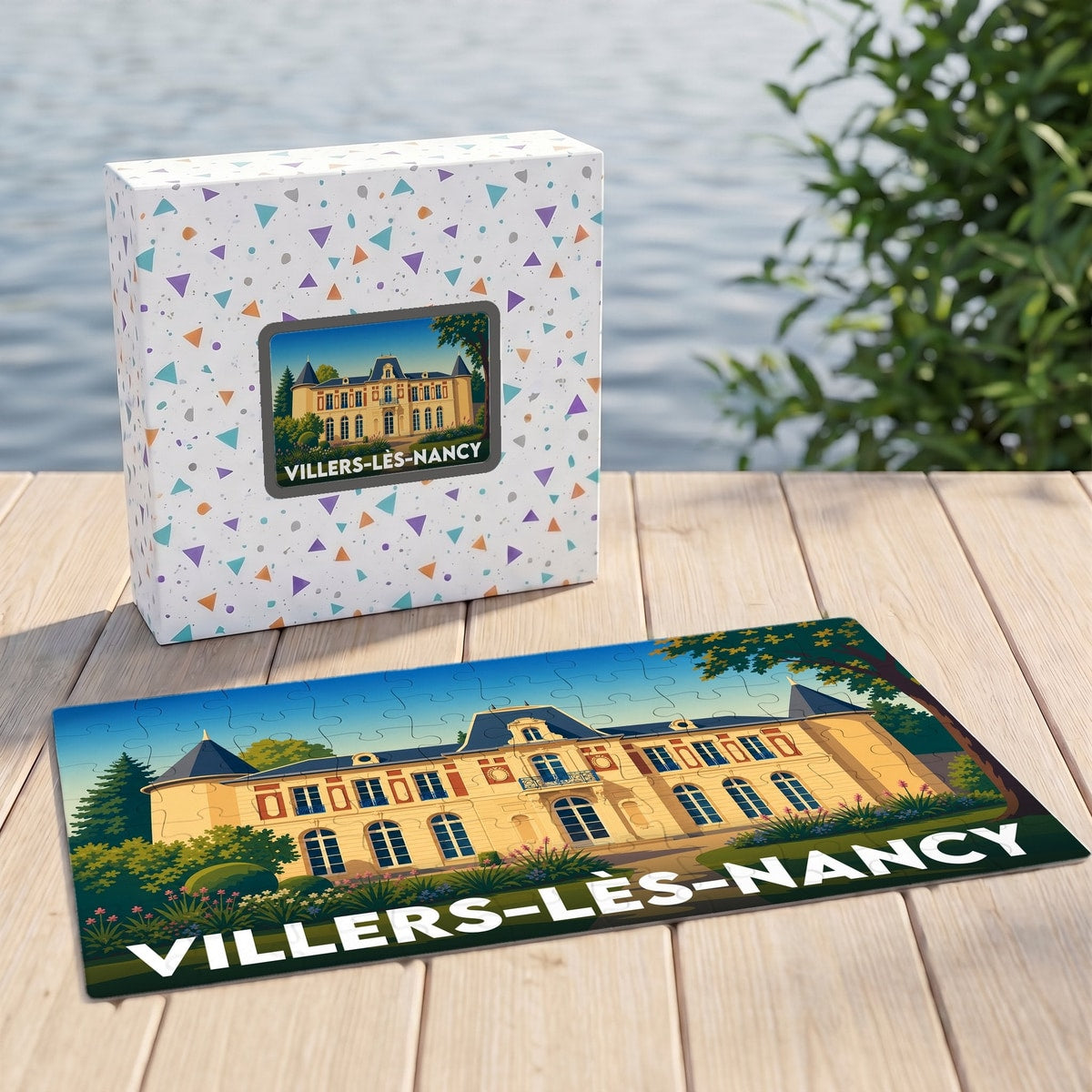 Puzzle souvenir de la ville de Villers-lès-Nancy illustré d'un château avec une esthétique de style affiche rétro.