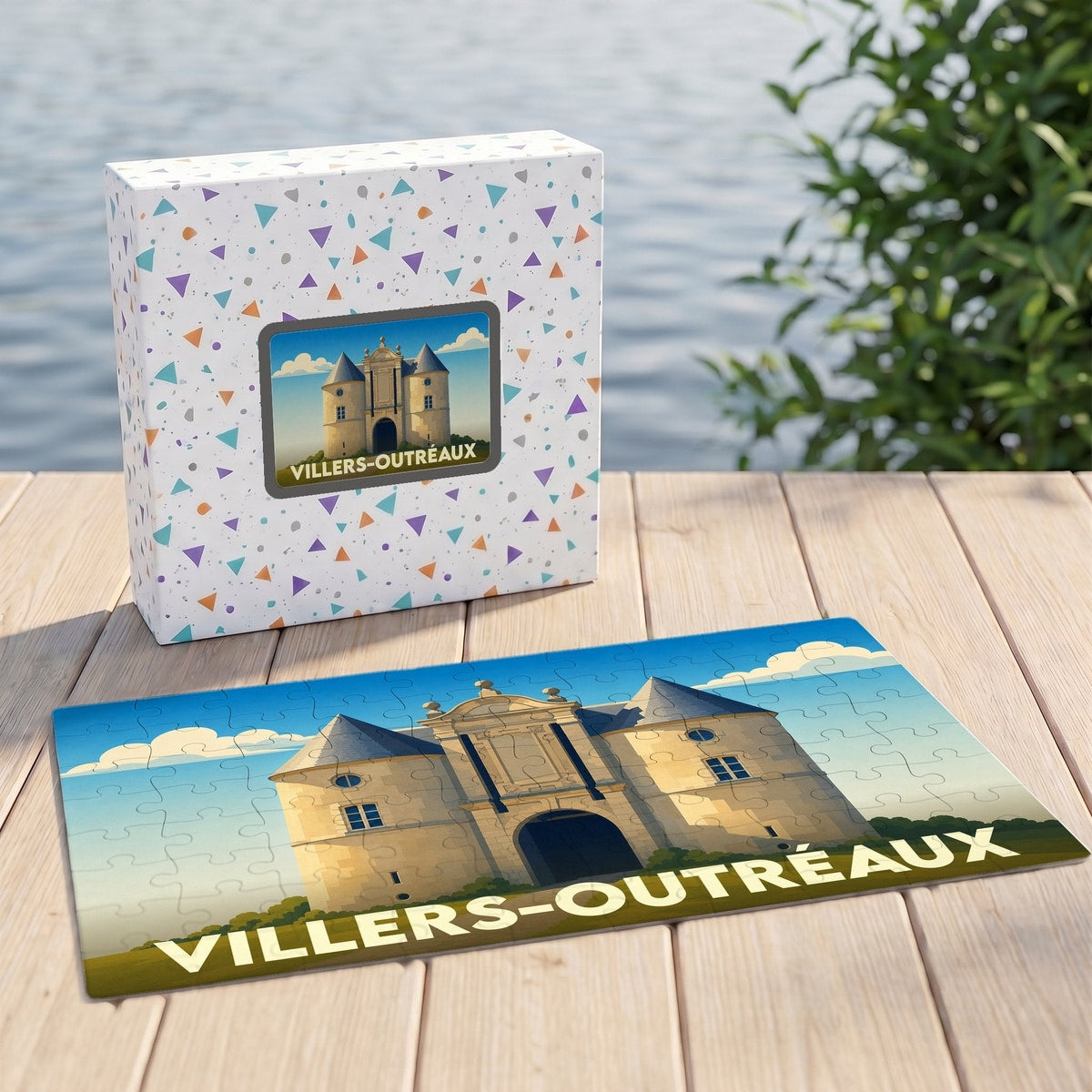 Puzzle souvenir de la ville de Villers-Outréaux avec une illustration stylisée de son patrimoine architectural.