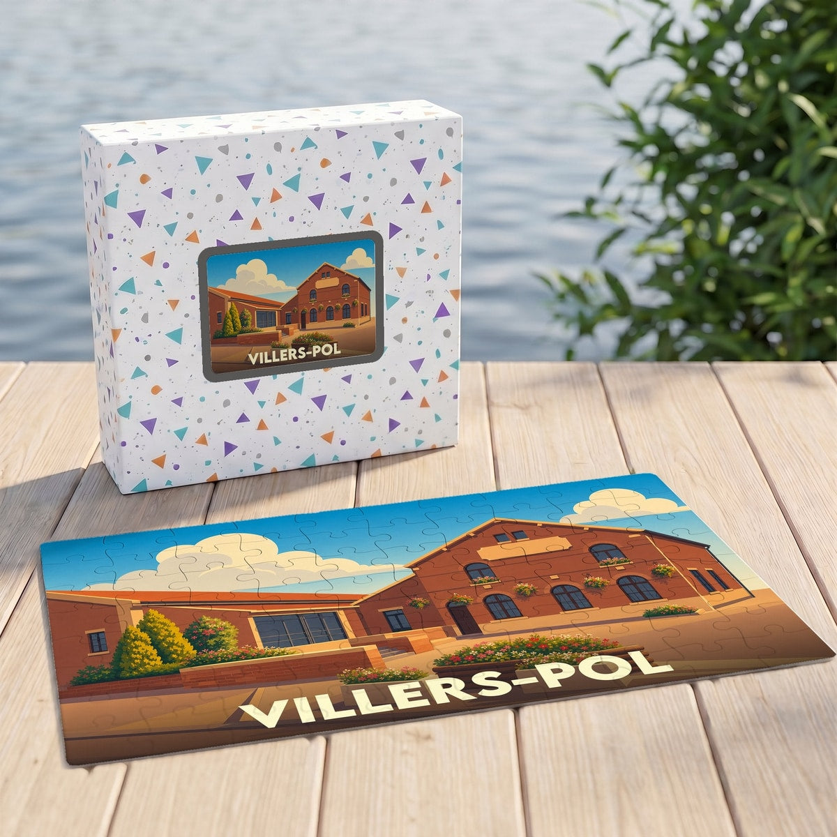 Puzzle souvenir de la ville de Villers-Pol avec une illustration stylisée d'un bâtiment en briques.