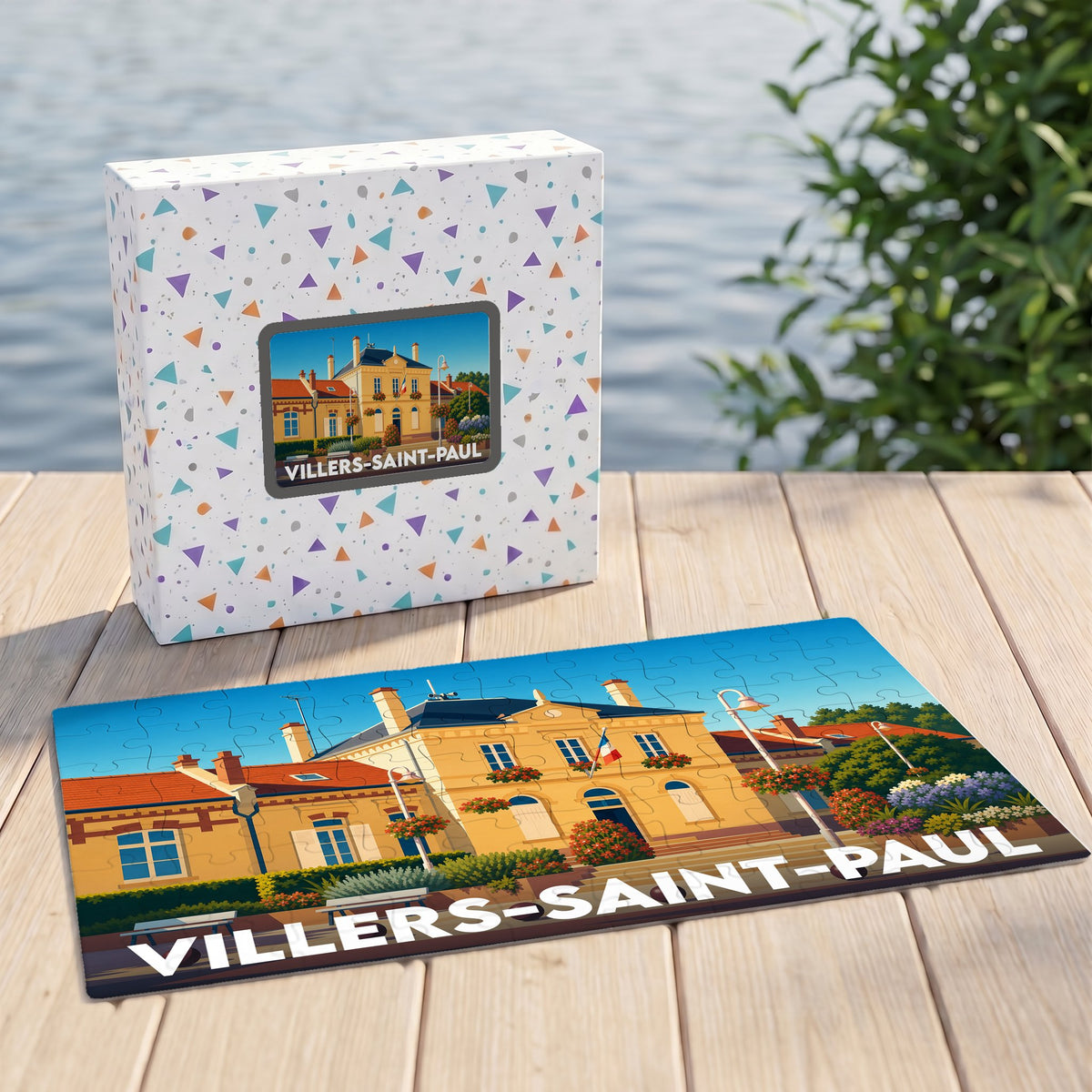 Puzzle souvenir de la ville de Villers-Saint-Paul avec une illustration colorée de son hôtel de ville.