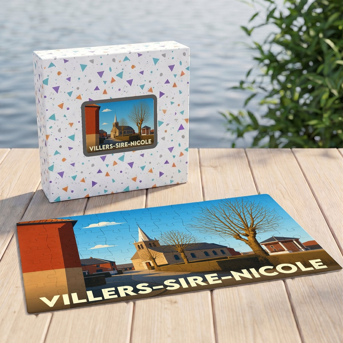 Puzzle souvenir de la ville de Villers-Sire-Nicole avec une illustration stylisée et colorée.