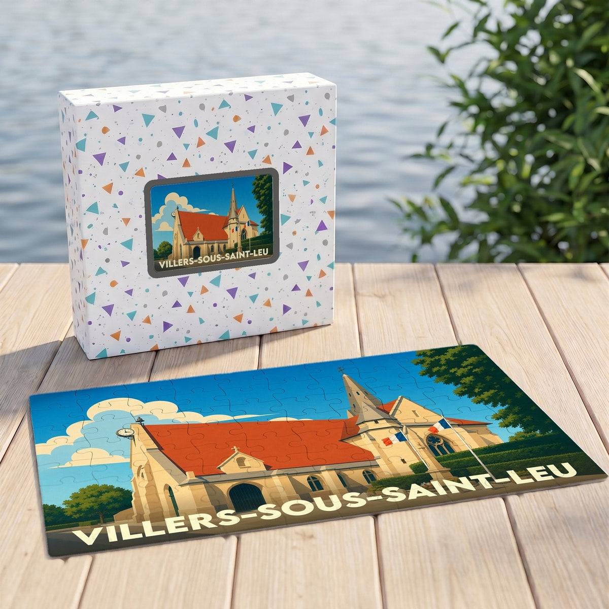 Puzzle souvenir de la ville de Villers-sous-Saint-Leu avec une illustration stylisée de son église.