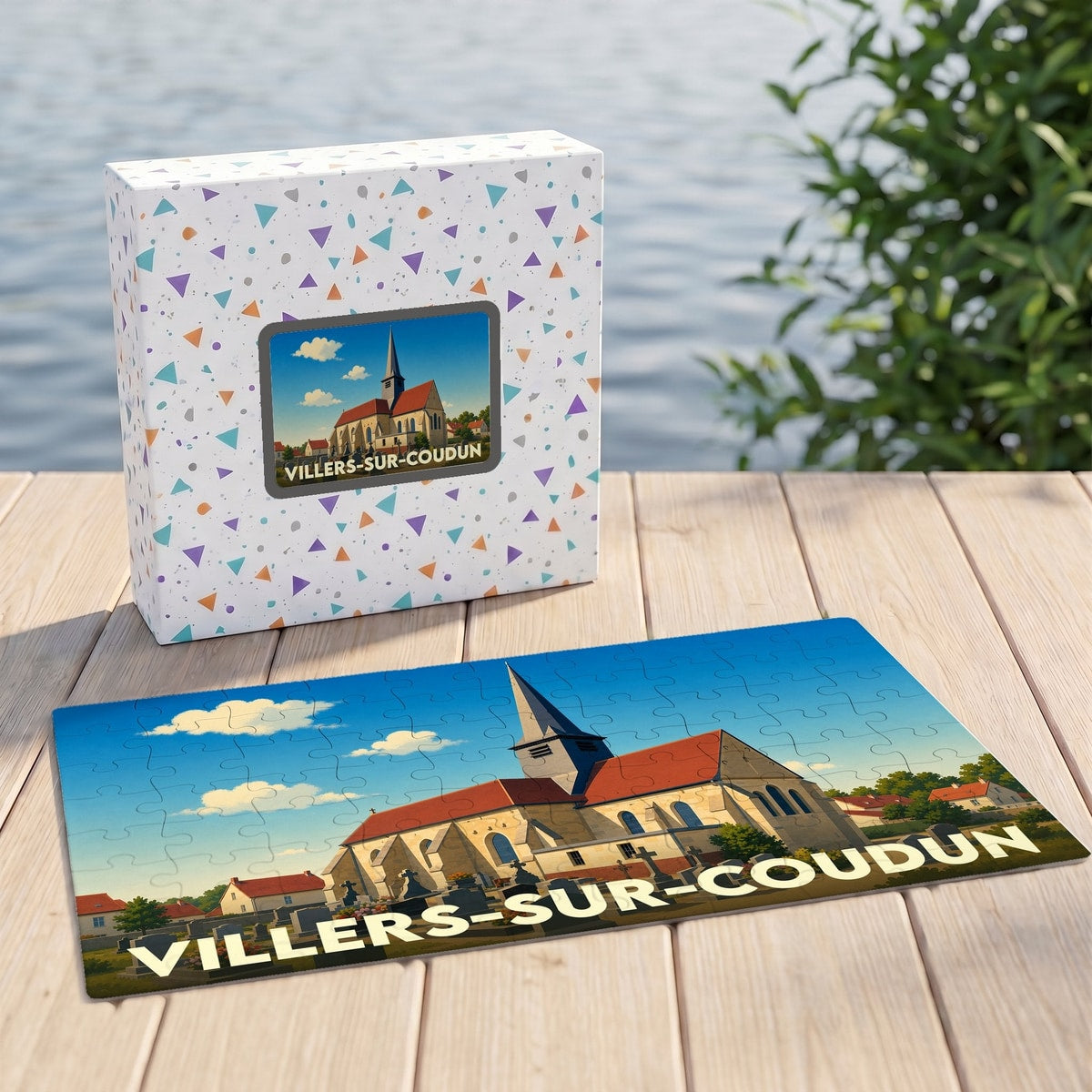 Puzzle souvenir de la ville de Villers-sur-Coudun avec une illustration stylisée de son église.