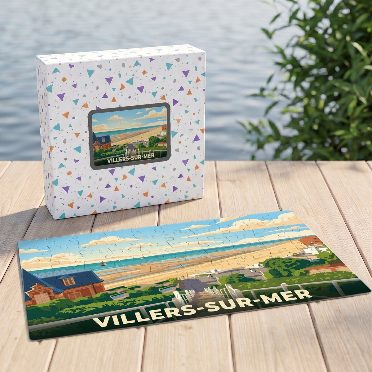 Puzzle souvenir de Villers-sur-Mer avec une illustration stylisée de sa plage et de son architecture.