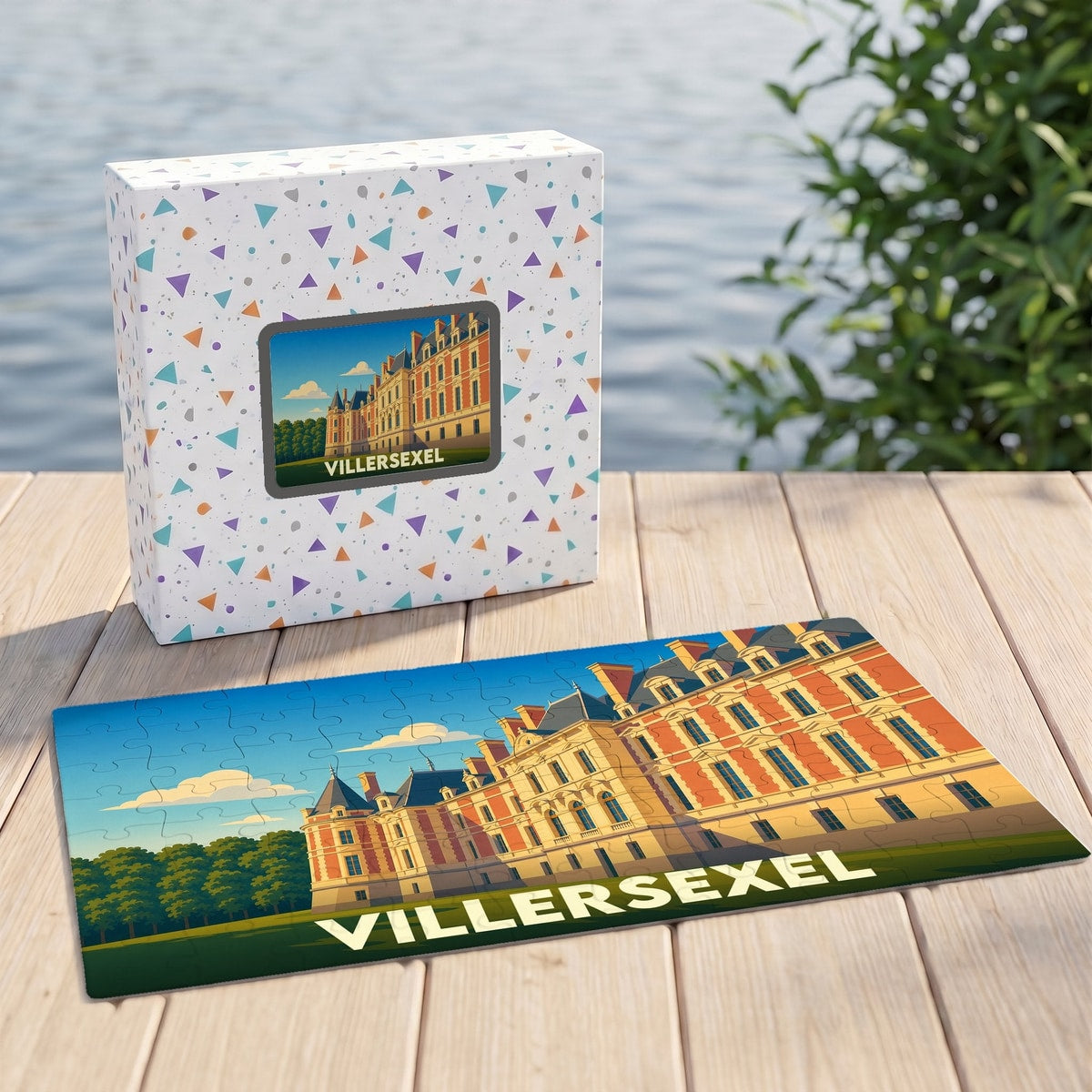 Puzzle souvenir de la ville de Villersexel avec une illustration stylisée de son château.