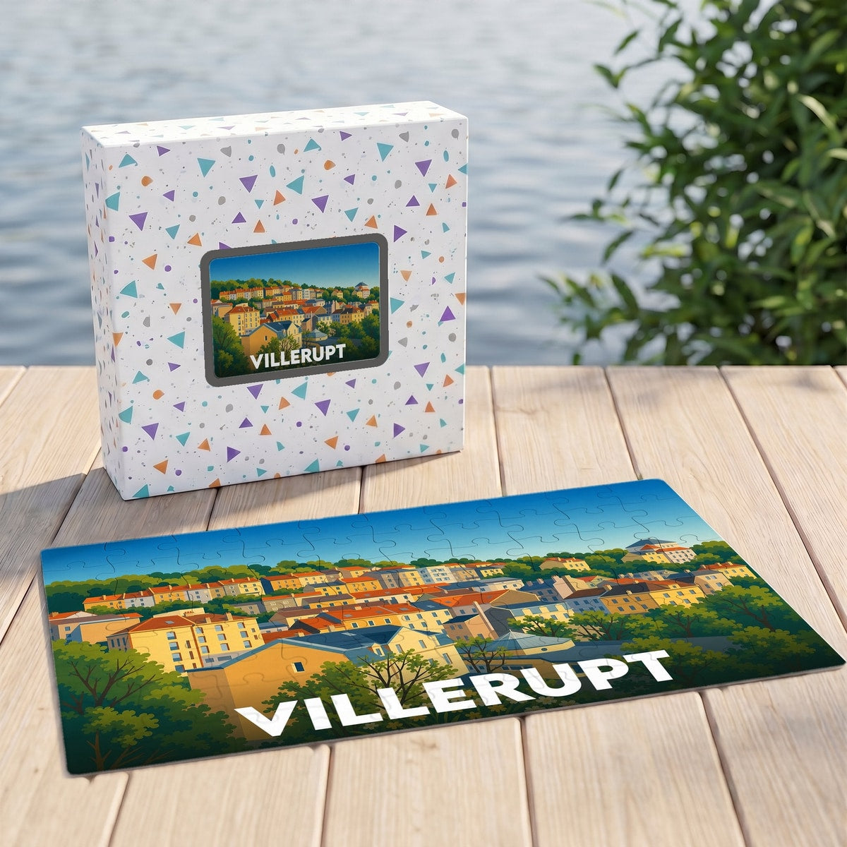 Puzzle souvenir de la ville de Villerupt avec une illustration panoramique colorée.