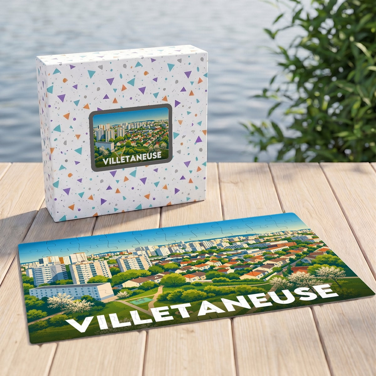 Puzzle souvenir de la ville de Villetaneuse avec une illustration panoramique stylisée.