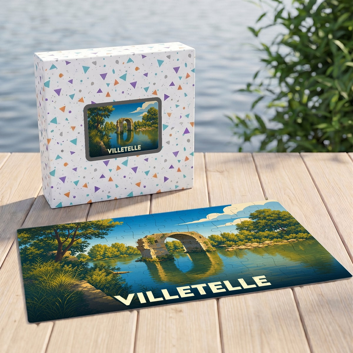 Puzzle souvenir de la ville de Villetelle illustrant un ancien pont de pierre sur l'eau.