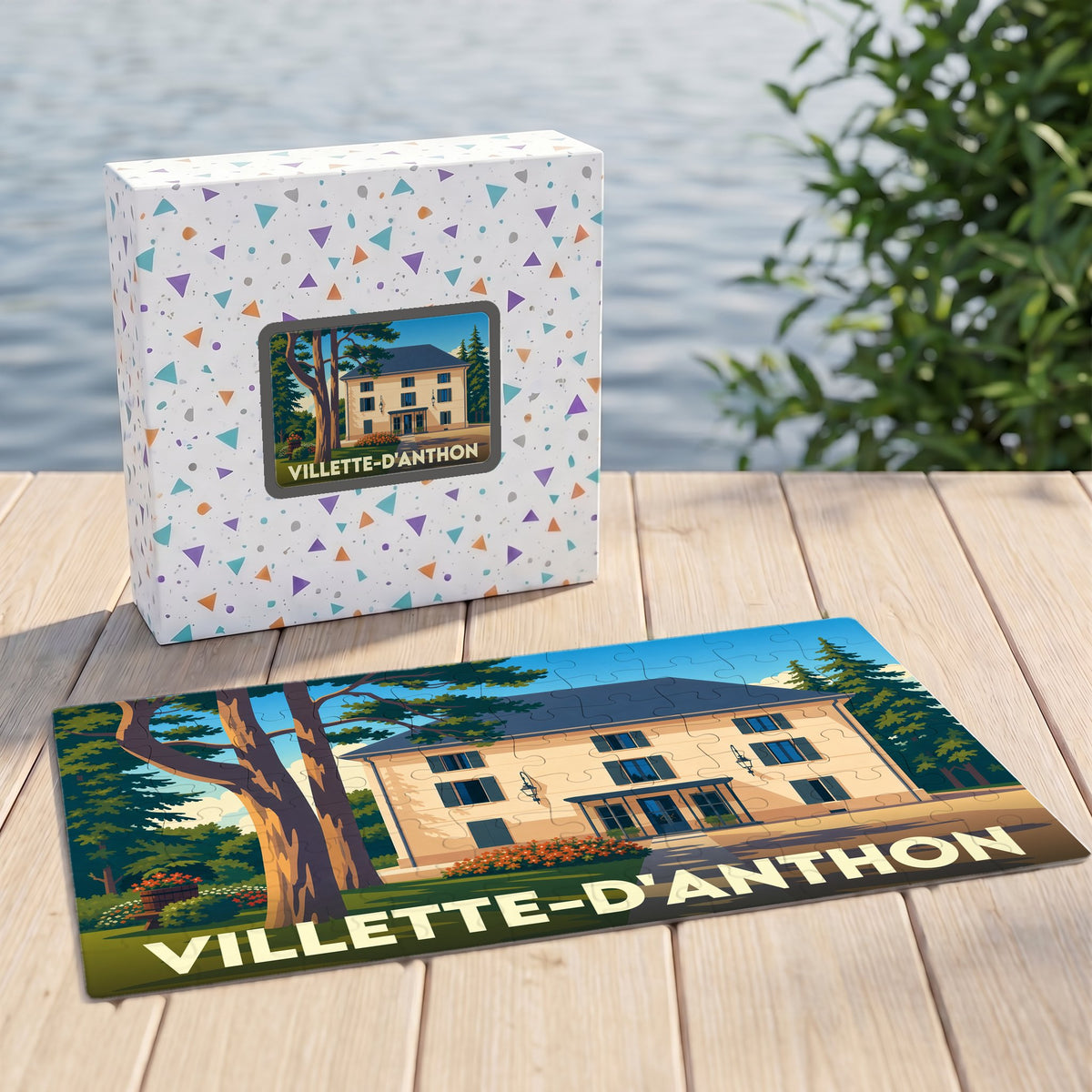 Puzzle souvenir de la ville de Villette-d'Anthon avec une illustration stylisée d'une grande demeure.