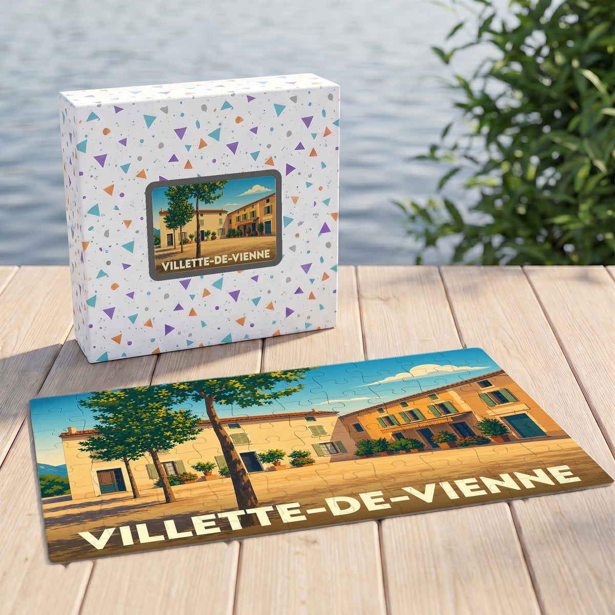 Puzzle souvenir de la ville de Villette-de-Vienne avec son coffret assorti, illustrant une scène de village ensoleillée.