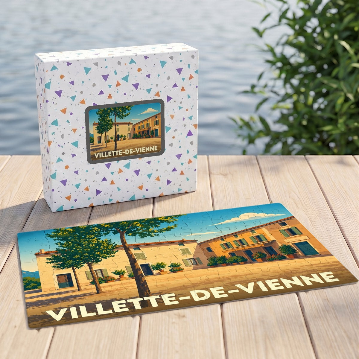 Puzzle souvenir de la ville de Villette-de-Vienne avec son coffret assorti, illustrant une scène de village ensoleillée.
