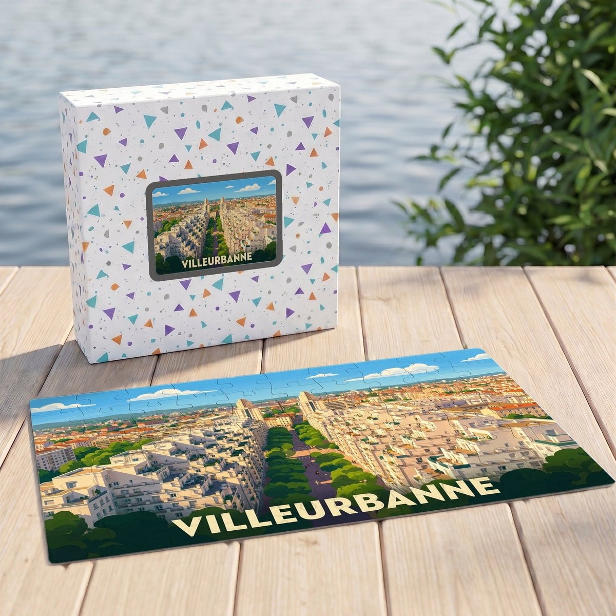 Puzzle souvenir de la ville de Villeurbanne avec une illustration panoramique stylisée.