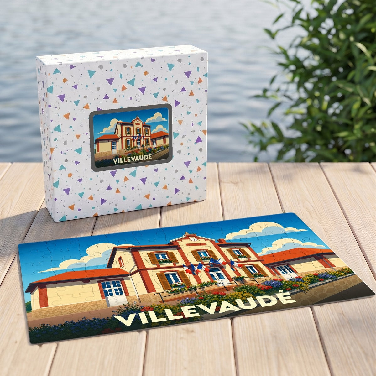 Puzzle souvenir de la ville de Villevaudé avec une illustration stylisée de sa mairie.