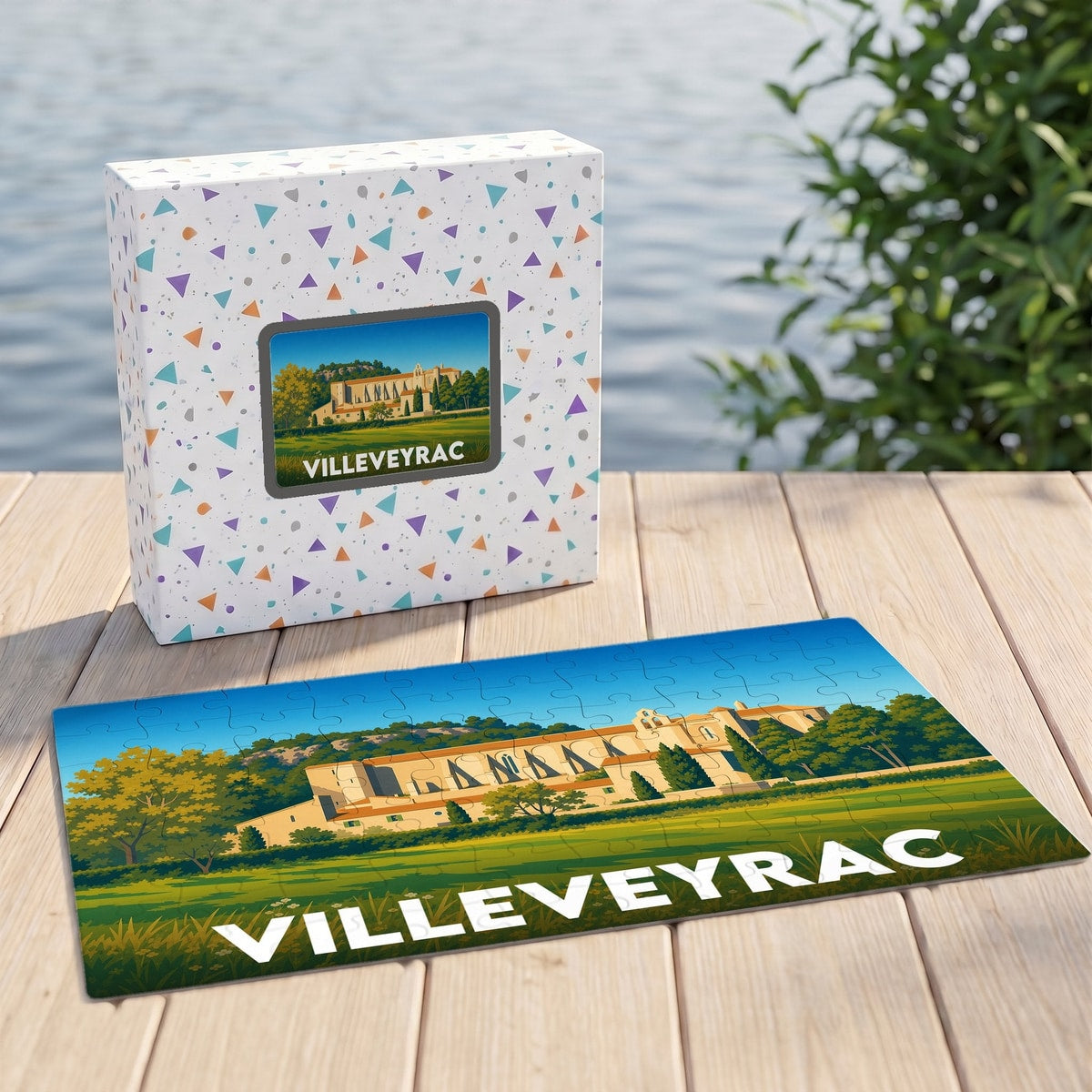 Puzzle souvenir de la ville de Villeveyrac avec une illustration stylisée de son abbaye.