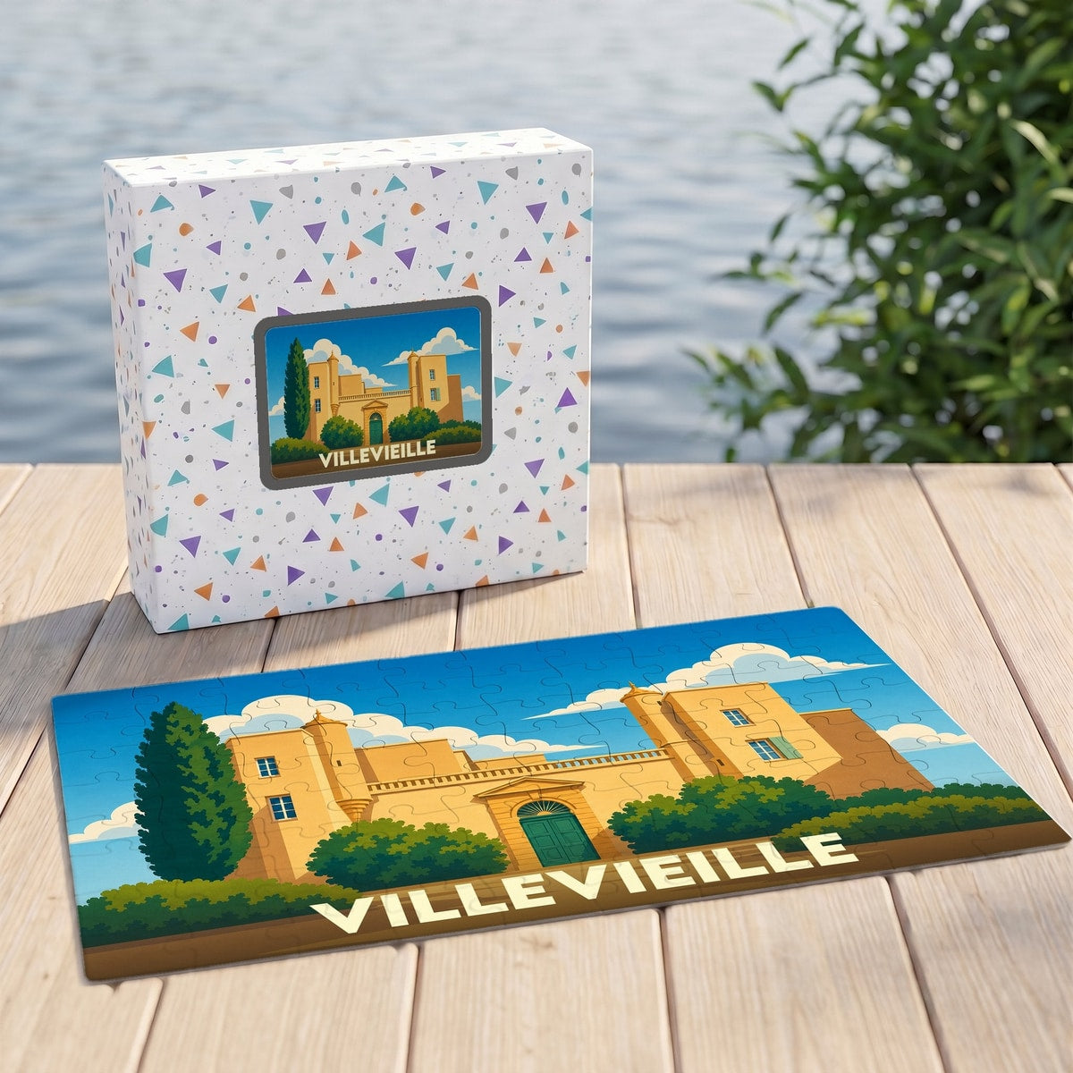 Puzzle souvenir de la ville de Villevieille avec une illustration stylisée d'un château.