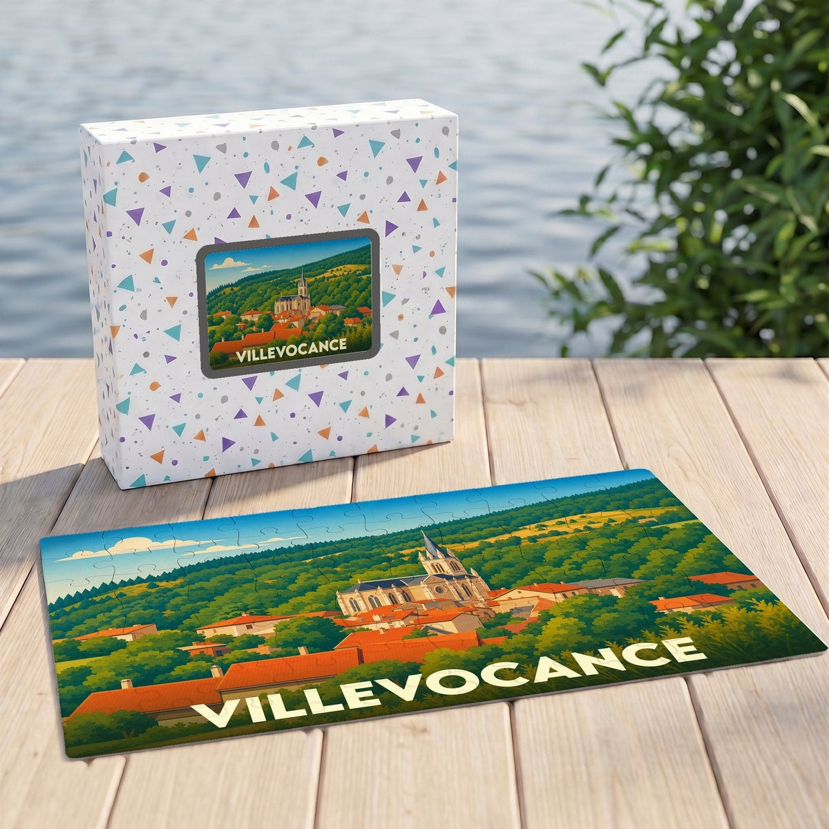 Puzzle souvenir de la ville de Villevocance avec une illustration stylisée d'un village de montagne.