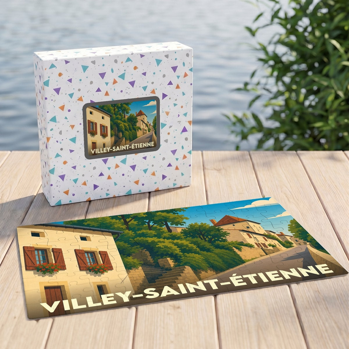 Puzzle souvenir de la ville de Villey-Saint-Étienne avec une illustration stylisée et sa boîte assortie.