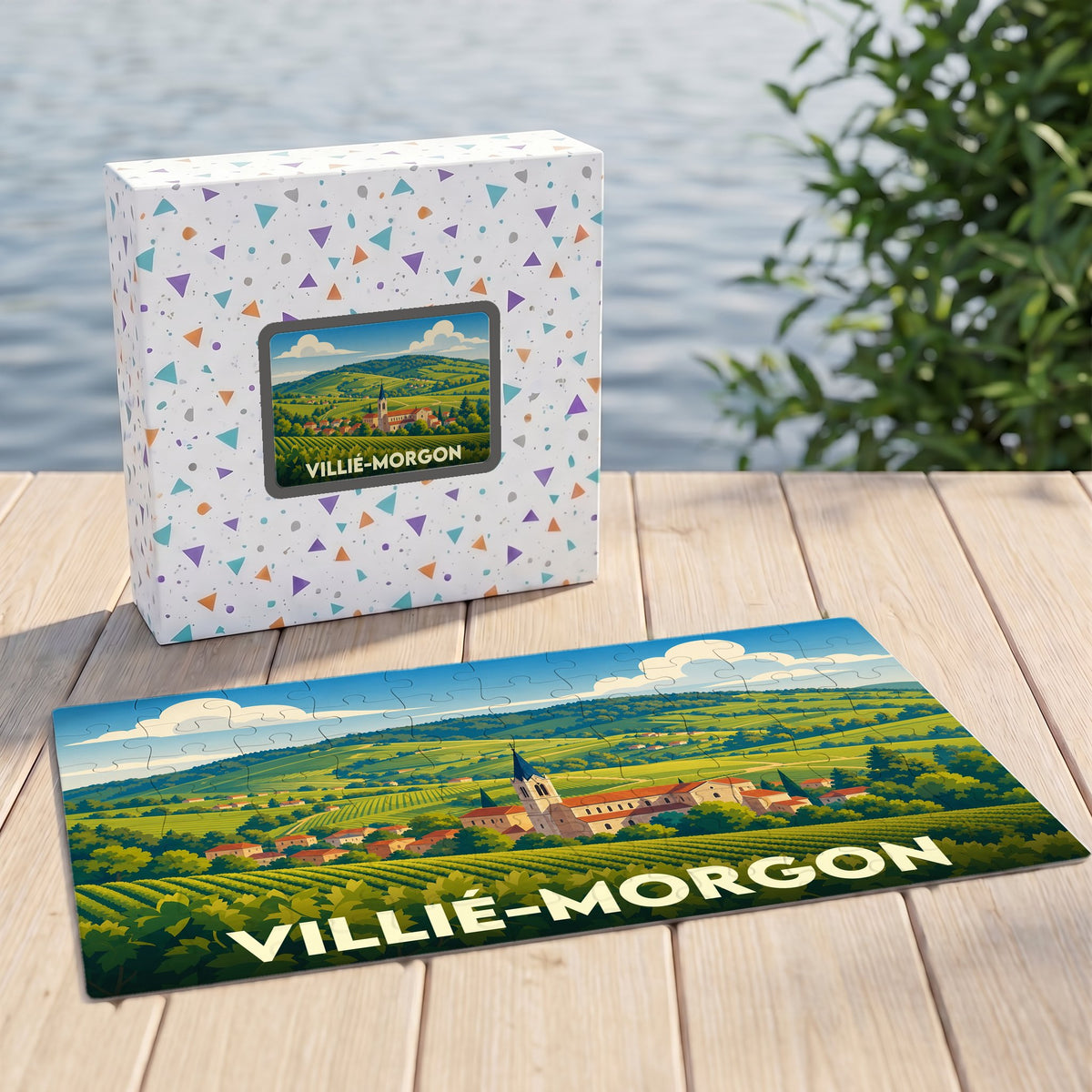 Puzzle souvenir de la ville de Villié-Morgon avec une illustration stylisée de son paysage viticole.