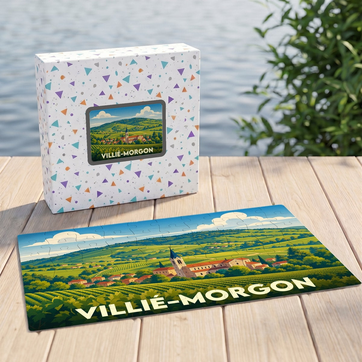 Puzzle souvenir de la ville de Villié-Morgon avec une illustration stylisée de son paysage viticole.