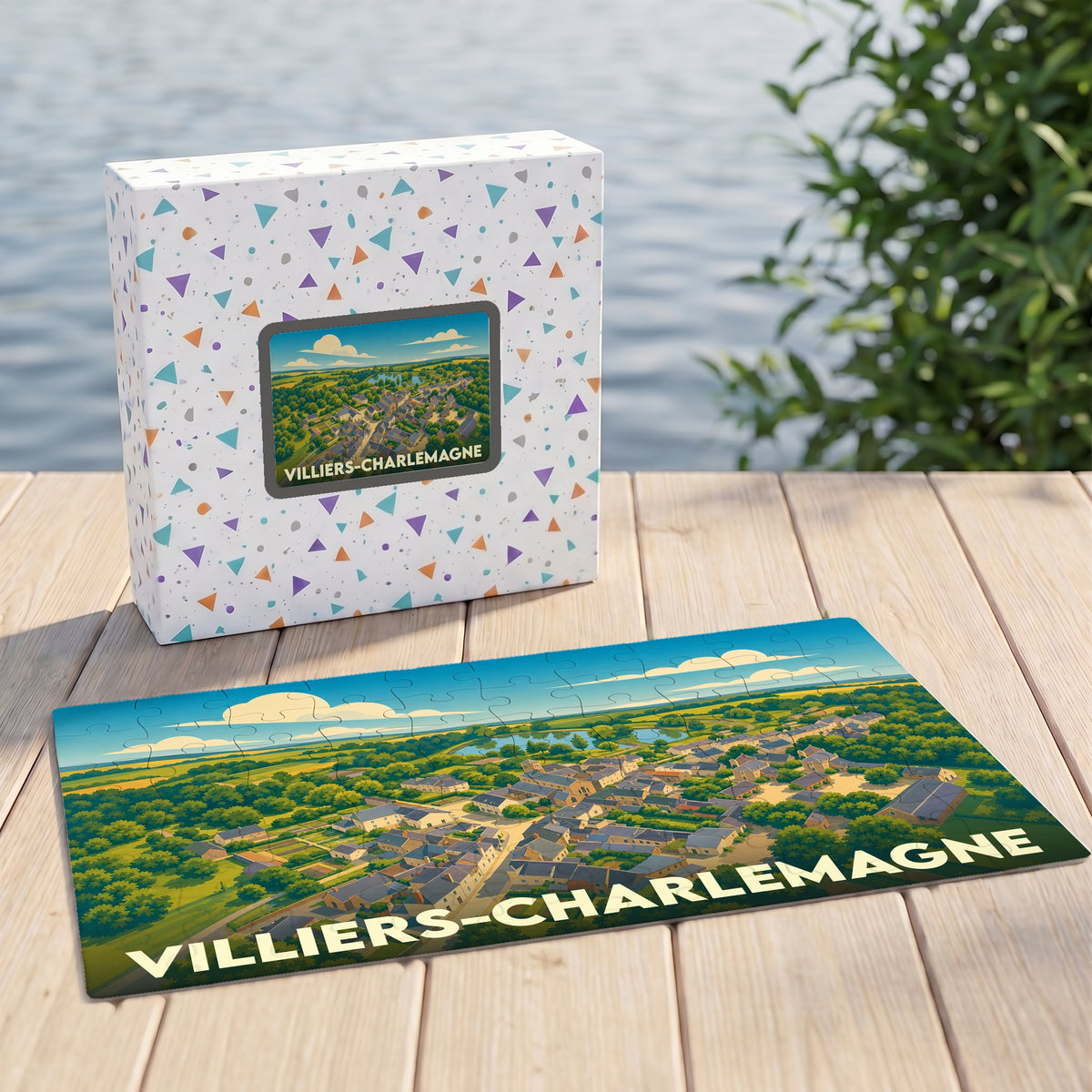 Puzzle souvenir de la commune de Villiers-Charlemagne avec une illustration paysagère stylisée.